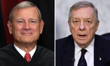 Chief Justice John Roberts and Sen. Dick Durbin are pictured in a split image. The chairman of the Senate Judiciary Committee made a personal plea to Chief Justice John Roberts to create a Supreme Court code of ethics at a closed-door conference September 12.