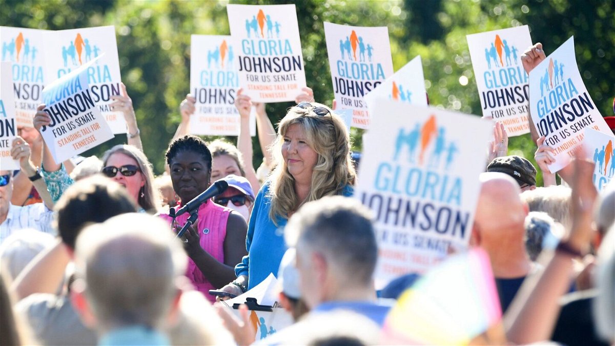 <i>Caitie McMekin/Knoxville News Sentinel/USA Today Network</i><br/>Supporters gather around Tennessee state representative Gloria Johnson as she announces her run for US Senate at Savage Gardens in Knoxville