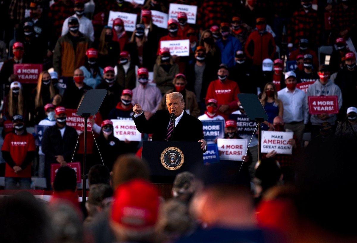 <i>Stephen Maturen/Getty Images</i><br/>Then-President Donald Trump speaks to supporters at a rally in Bemidji