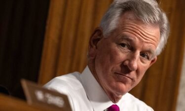 US Senator Tommy Tuberville looks on during a Senate Armed Services Committee hearing on Capitol Hill in Washington