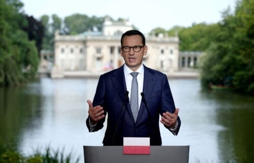 Polish Prime Minister Mateusz Morawiecki addresses a press conference in Warsaw on July 5.