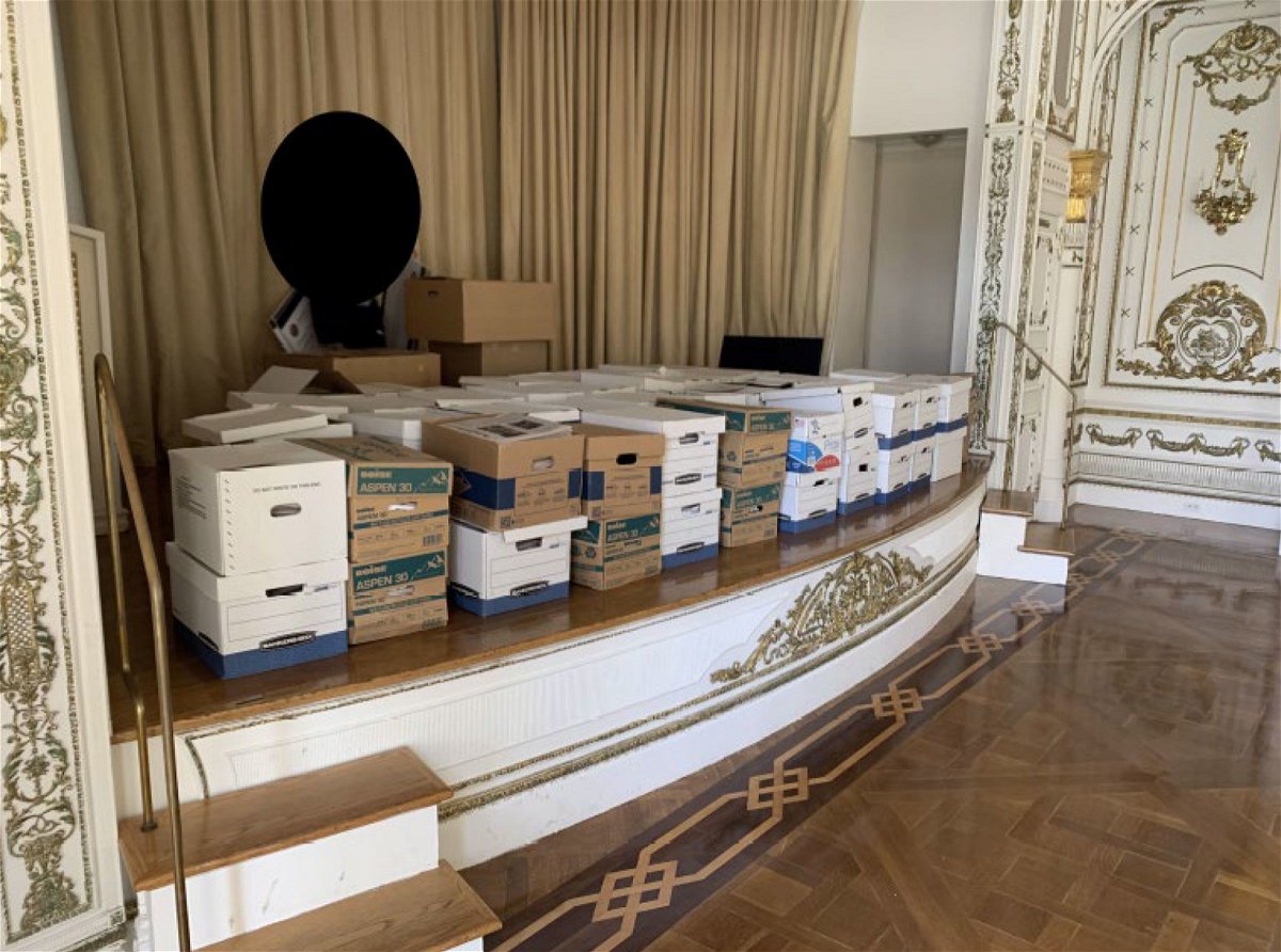 <i>US District Court/Southern District of Florida</i><br/>Boxes of documents are stored inside the Mar-a-Lago Club's White and Gold Ballroom in this photo included in Donald Trump's federal indictment.