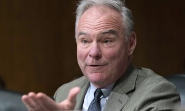 Sen. Tim Kaine speaks in Washington on June 8. Kaine said September 3 “there’s a powerful argument to be made” for barring Donald Trump from the presidential ballot based on the 14th Amendment’s ban on insurrectionists holding public office.
