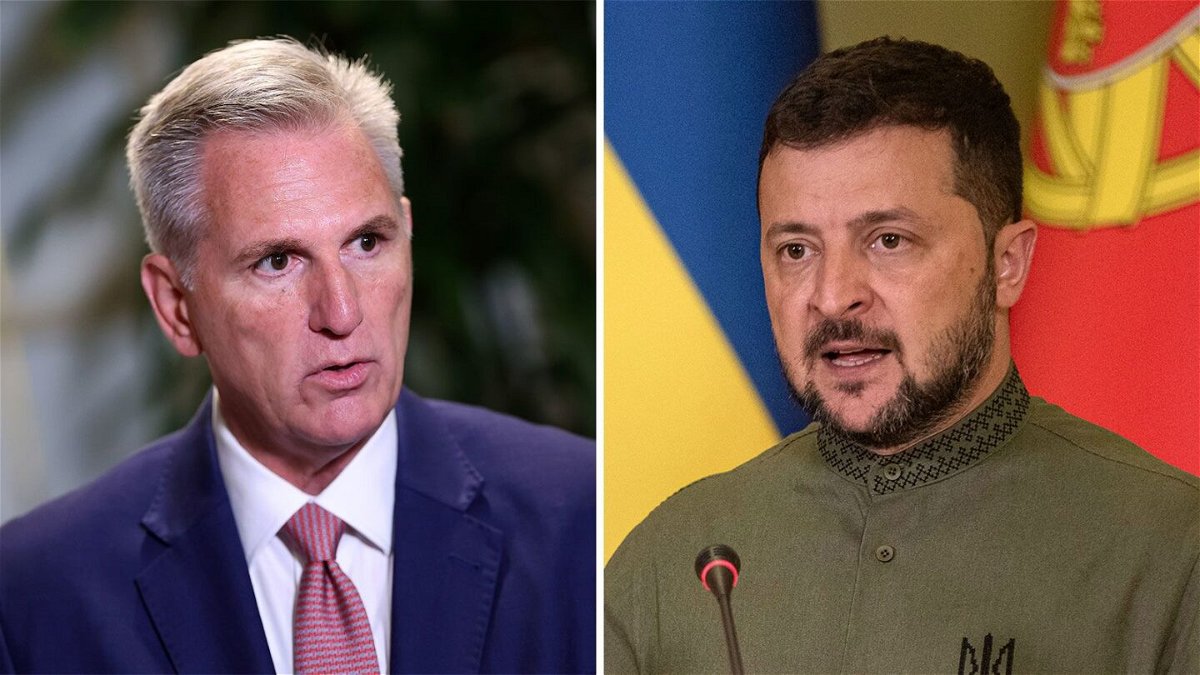 <i>Getty Images</i><br/>House Spekaer Kevin McCarthy and Ukrainian President Volodymyr Zelensky are pictured in a split image. Zelenksy will return to Capitol Hill September 21 for his second visit since his country was besieged by Russia. Only this time