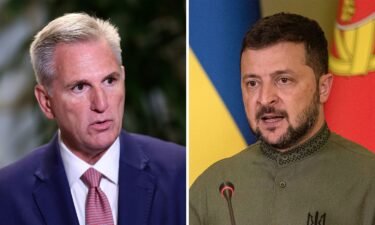 House Spekaer Kevin McCarthy and Ukrainian President Volodymyr Zelensky are pictured in a split image. Zelenksy will return to Capitol Hill September 21 for his second visit since his country was besieged by Russia. Only this time