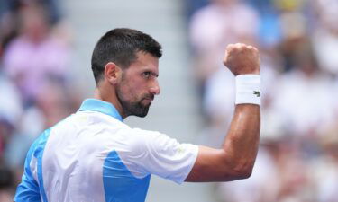 Novak Djokovic celebrates winning a point against Taylor Fritz at the US Open.