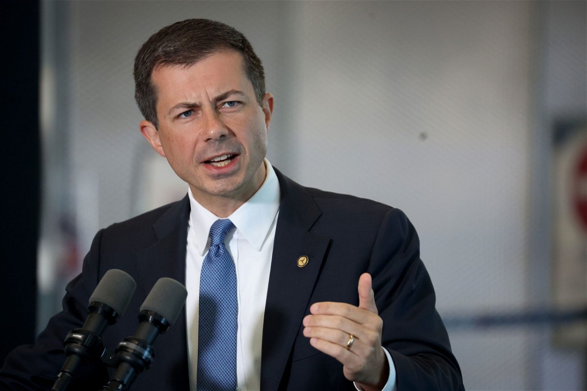 <i>Scott Olson/Getty Images</i><br/>Secretary of Transportation Pete Buttigieg speaks to reporters at O'Hare International Airport
