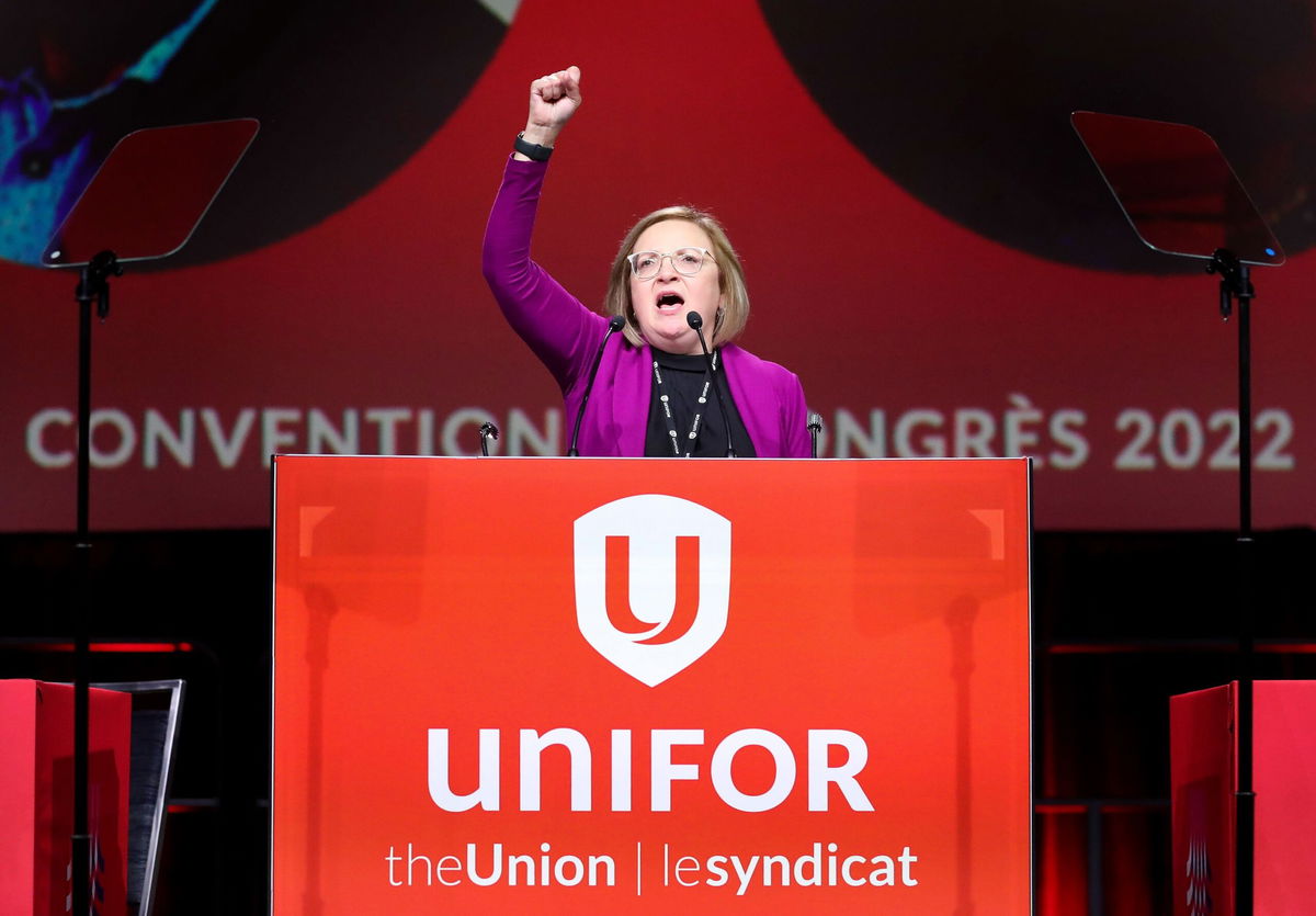 <i>Richard Lautens/Toronto Star/Getty Images</i><br/>Lana Payne speaks to the delegates after being elected the new president of UNIFOR