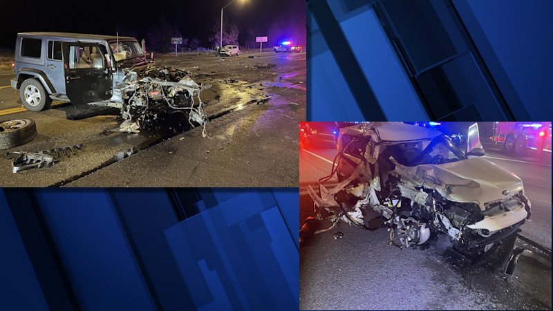 Wreckage of DUII suspect's (upper L), victim's vehicles after Hwy. 97 crash Oct. 14 north of Bend