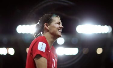 Christine Sinclair celebrates following Canada's victory at the 2019 FIFA Women's World Cup against New Zealand.