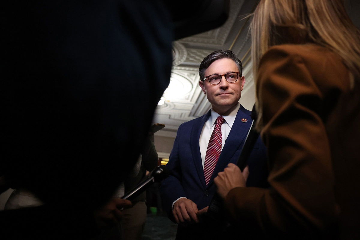 <i>Justin Sullivan/Getty Images</i><br/>Rep. Mike Johnson speaks to reporters on Capitol Hill on October 24