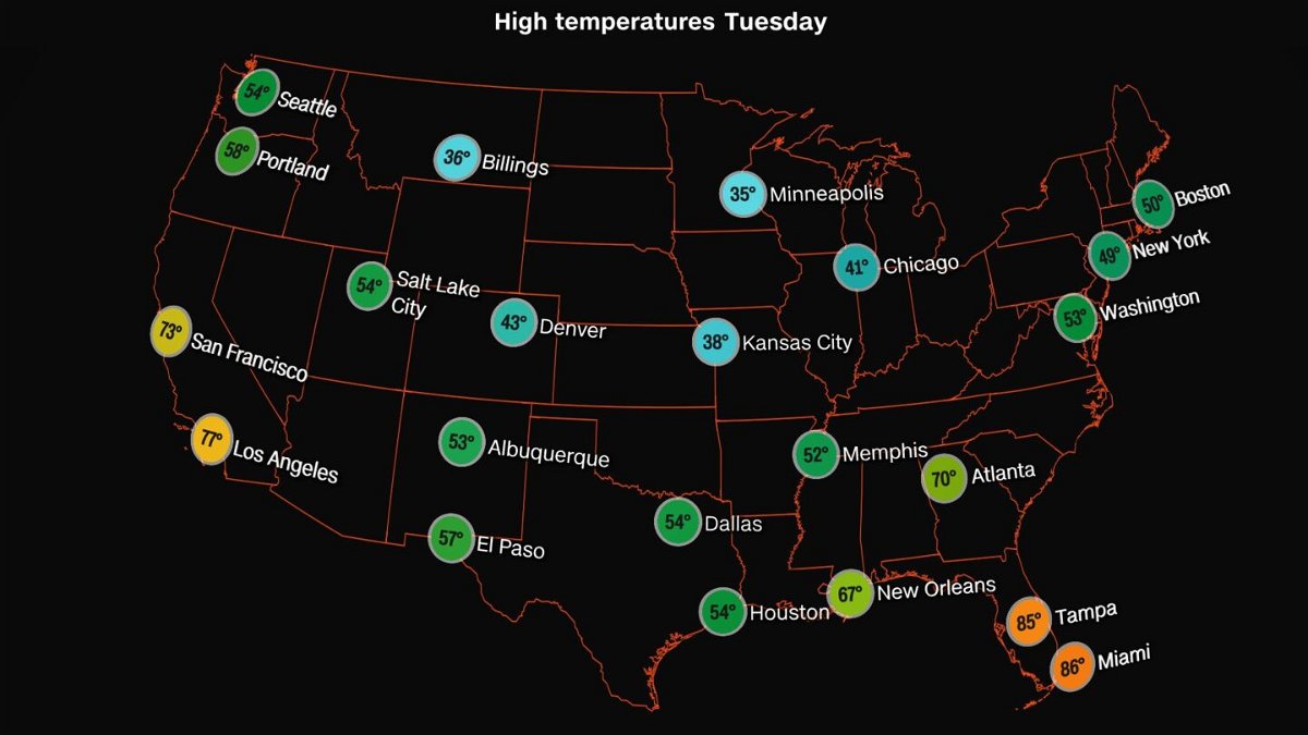 <i>CNN</i><br/>This graphic shows the timing of the cold air as it progresses across the country by Halloween on Tuesday.