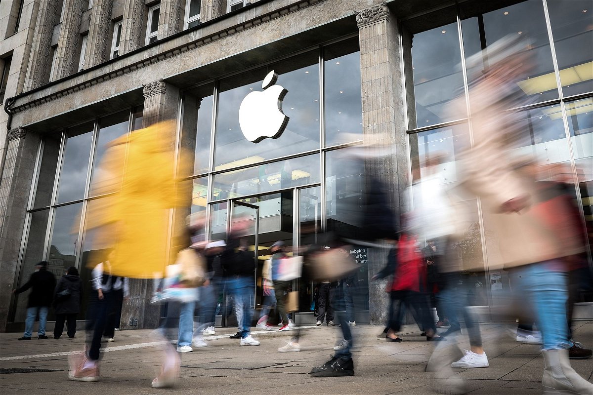 <i>Christian Charisius/picture alliance/dpa/Getty Images</i><br/>The logo of the US technology company Apple can be seen above the entrance to the Apple Store Jungfernstieg in the city center.