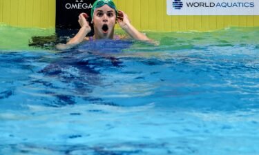 Kaylee McKeown reacts after breaking the women's 50m backstroke world record in Budapest