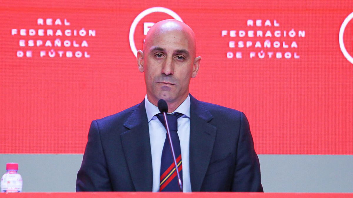 <i>Irina R. Hipolito/Europa Press/Getty Images</i><br/>Luis Rubiales pictured during press conference on April 20