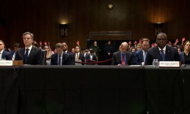 United States Secretary of State Antony Blinken and Secretary of Defense Lloyd Austin testify on Capitol Hill as people protest behind them on October 31.