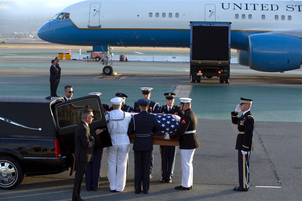 <i>D. Ross Cameron/AP</i><br/>Members of an armed forces color guard carry the casket containing the body of Sen. Dianne Feinstein at San Francisco International Airport