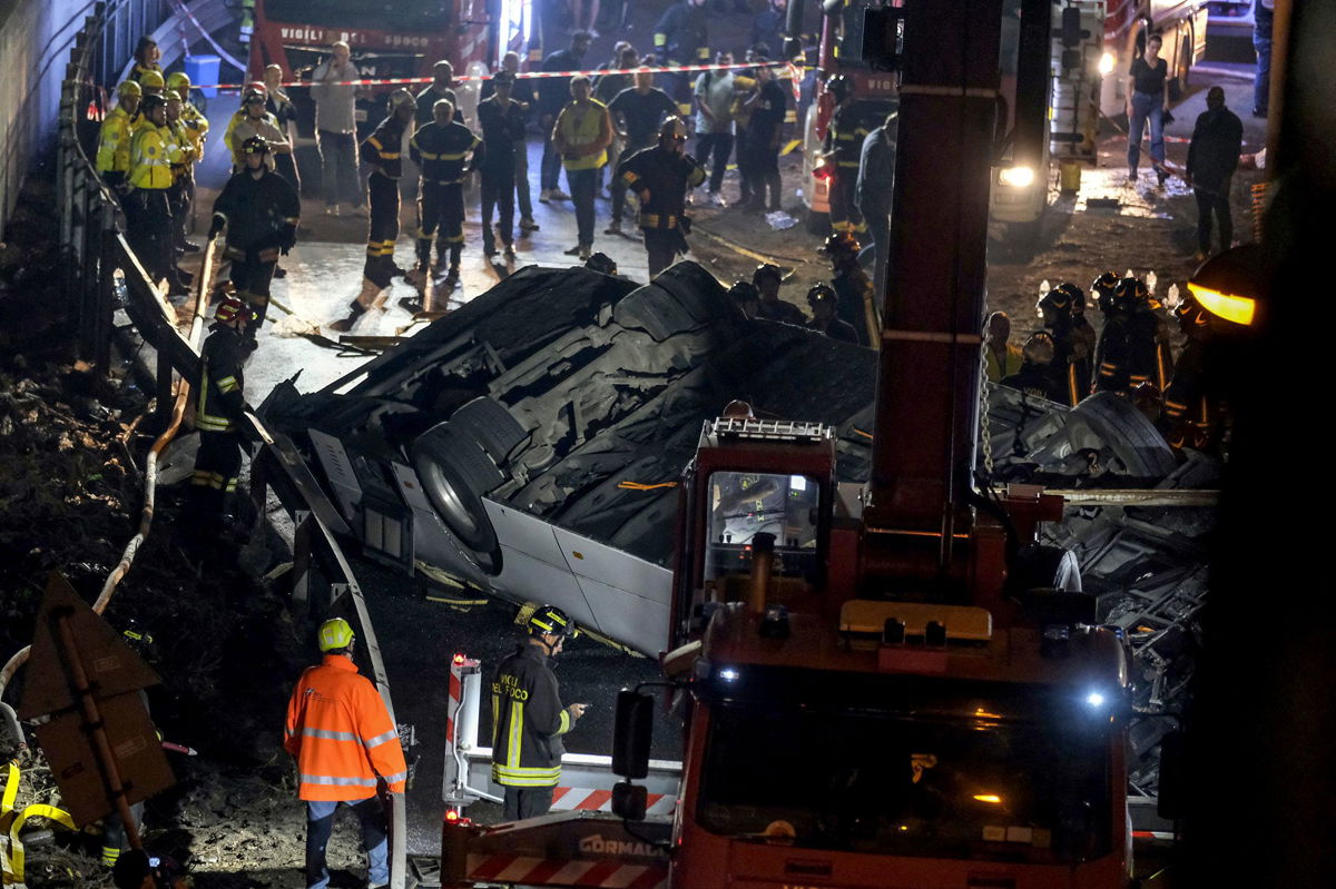<i>Claudia Greco/Reuters</i><br/>Local police work at the site of the bus crash on Wednesday.