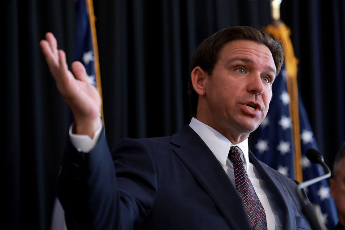 <i>Joe Raedle/Getty Images</i><br/>Republican presidential candidate Florida Gov. Ron DeSantis speaks during a campaign event at The Vault on October 5 in Tampa