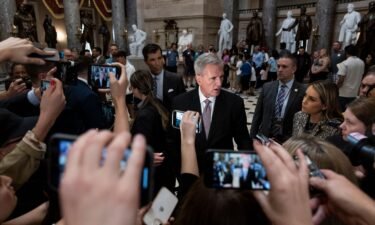 Then-Speaker of the House Kevin McCarthy talks to reporters inside the US Capitol on October 2.