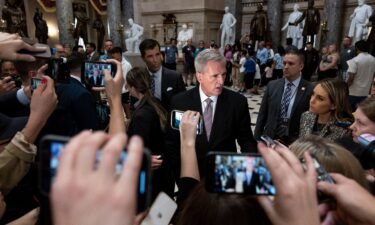 House Speaker Kevin McCarthy talks to reporters inside the Capitol Building on Monday in Washington