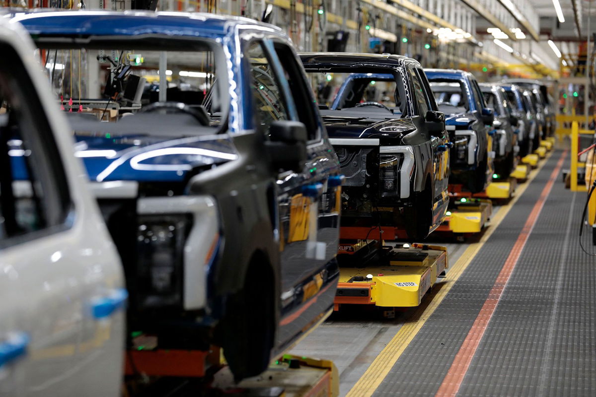 <i>Jeff Kowalsky/AFP/Getty Images</i><br/>Ford's electric F-150 Lightning on the production line in Dearborn