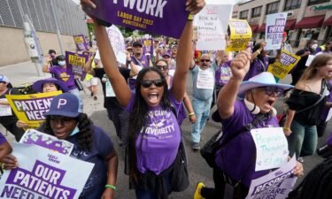 Frontline healthcare workers hold a demonstration on Labor Day 2023 outside Kaiser Permanente Los Angeles Medical Center in Hollywood