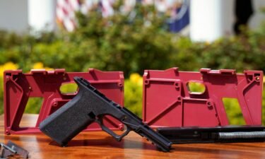 Parts of a ghost gun kit are on display at an event held by U.S. President Joe Biden to announce measures to fight ghost gun crime