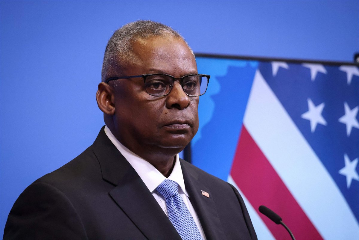 <i>Simon Wohlfahrt/AFP/Getty Images</i><br/>US Defence Secretary Lloyd Austin gives a press conference during the NATO Council Defence Ministers Session at the NATO headquarters in Brussels on October 12.