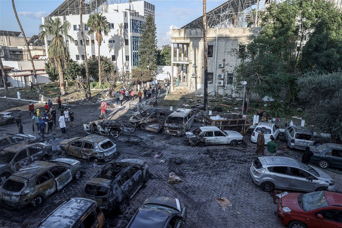 <i>Ali Jadallah/Anadolu/Getty Images</i><br/>This view shows the aftermath of the deadly blast that struck Al-Ahli Baptist Hospital in Gaza City