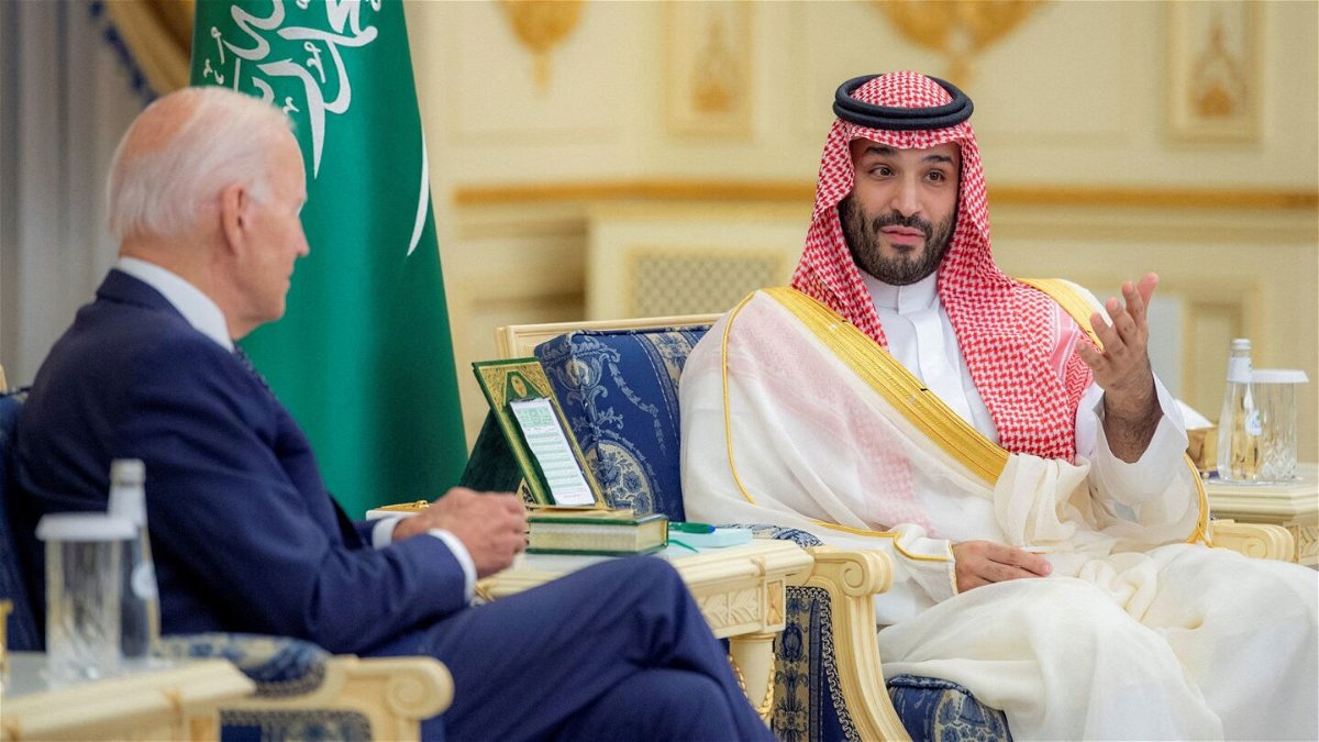 <i>Bandar Algaloud/Saudi Royal Court via Reuters</i><br/>President Joe Biden and Saudi Crown Prince Mohammed bin Salman meet at Al Salman Palace upon Biden's arrival to Jeddah