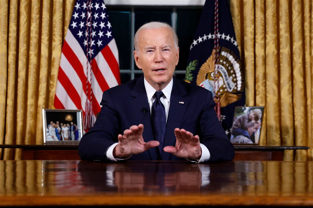 <i>Jonathan Ernst/AFP/Getty Images</i><br/>President Joe Biden addresses the nation on the conflict between Israel and Gaza and the Russian invasion of Ukraine from the Oval Office of the White House in Washington
