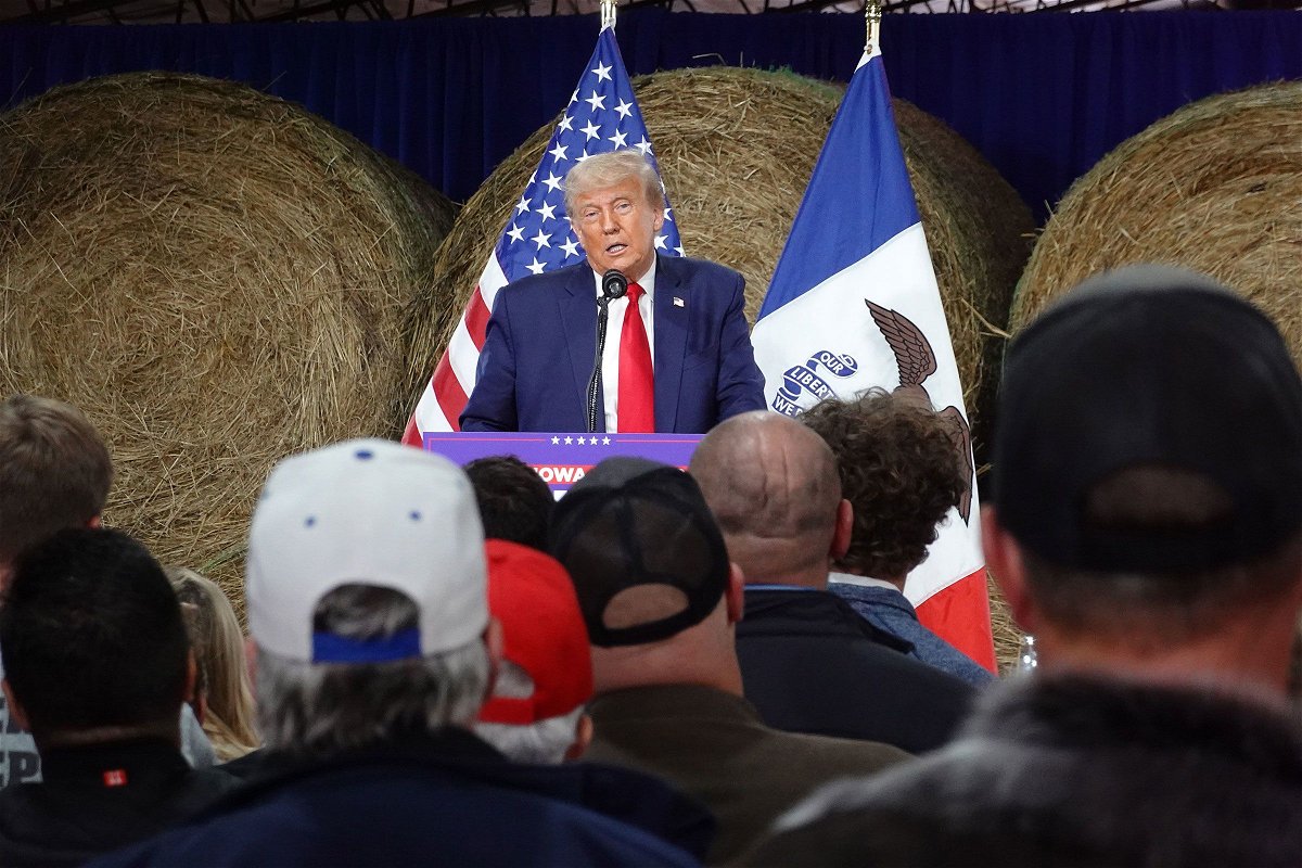<i>Scott Olson/Getty Images</i><br/>Republican presidential candidate former President Donald Trump speaks to guests during a campaign event at the Dallas County Fairgrounds on October 16 in Adel