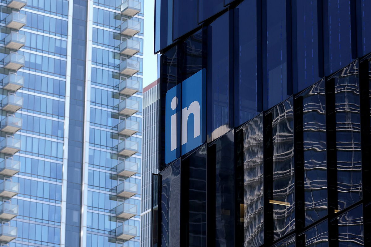 <i>Justin Sullivan/Getty Images</i><br/>A sign is posted on the exterior of a LinkedIn office on July 26 in San Francisco