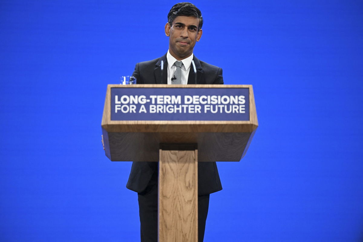 <i>Oli Scarff/AFP/Getty Images</i><br/>Britain's Prime Minister Rishi Sunak addresses delegates at the annual Conservative Party Conference in Manchester