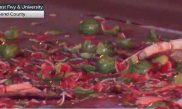 Hundreds of crushed watermelons spilled onto the roadway after a truck crashed on the I-69 Southwest Freeway