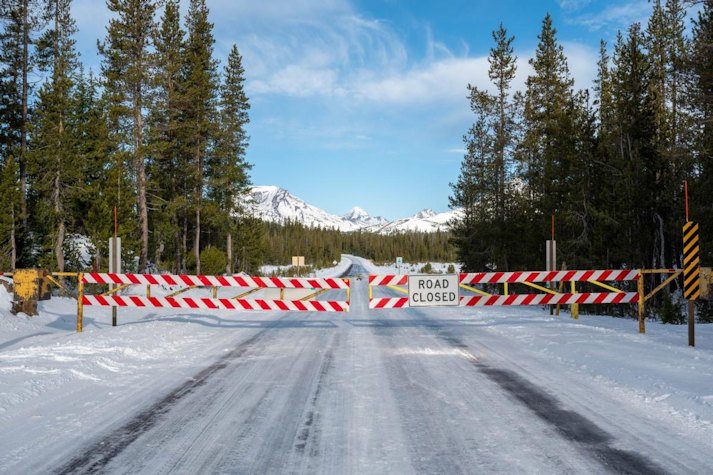 Cascade Lakes Highway's closed snow gate at Dutchman Flat
