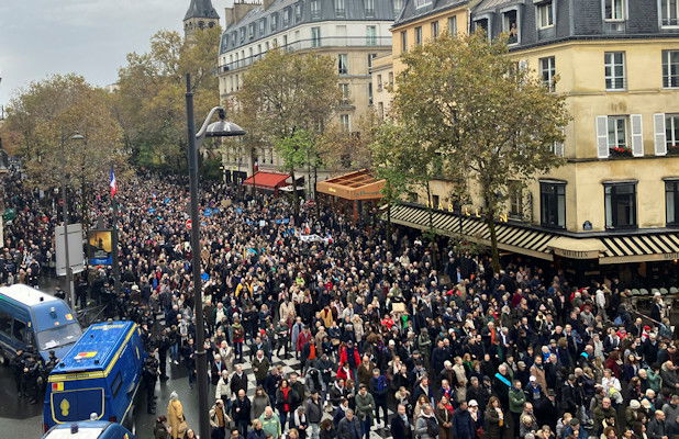 Thousands gather for a march against antisemitism in Paris, France, Sunday, Nov. 12, 2023. French authorities have registered more than 1,000 acts against Jews around the country in a month since the conflict in the Middle East began