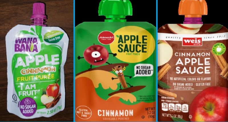 <i>From U.S. Food and Drug Administration</i><br/>The FDA recalled certain apple puree and applesauce products from three brands of fruit pouches: WanaBana apple cinnamon fruit puree pouches