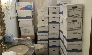 A photo published by the U.S. Justice Department in their charging document against former President Donald Trump shows boxes of documents stored in a bathroom at Trump's Mar-a-Lago club in Florida in early 2021.