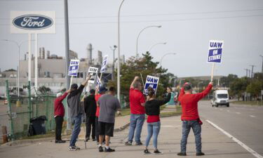 United Auto Workers members strike at the Ford Michigan Assembly Plant on September 16