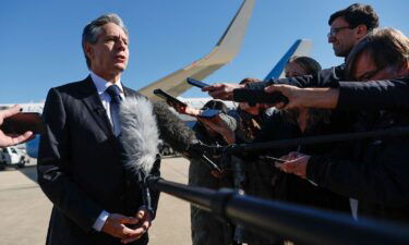 Secretary of State Antony Blinken talks to reporters prior to boarding his aircraft at Joint Base Andrews in Maryland