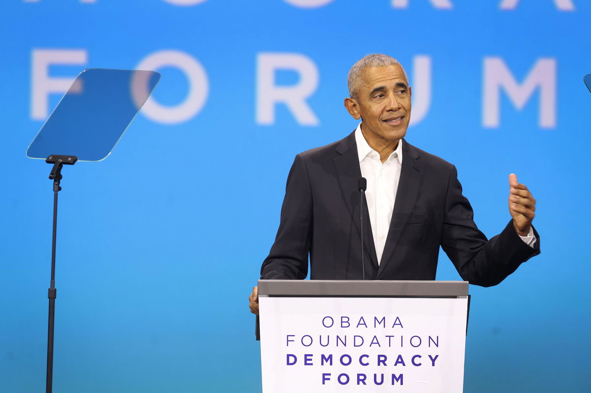 <i>Scott Olson/Getty Images</i><br/>Former President Barack Obama speaks to attendees at the Obama Foundation Democracy Forum on November 3 in Chicago
