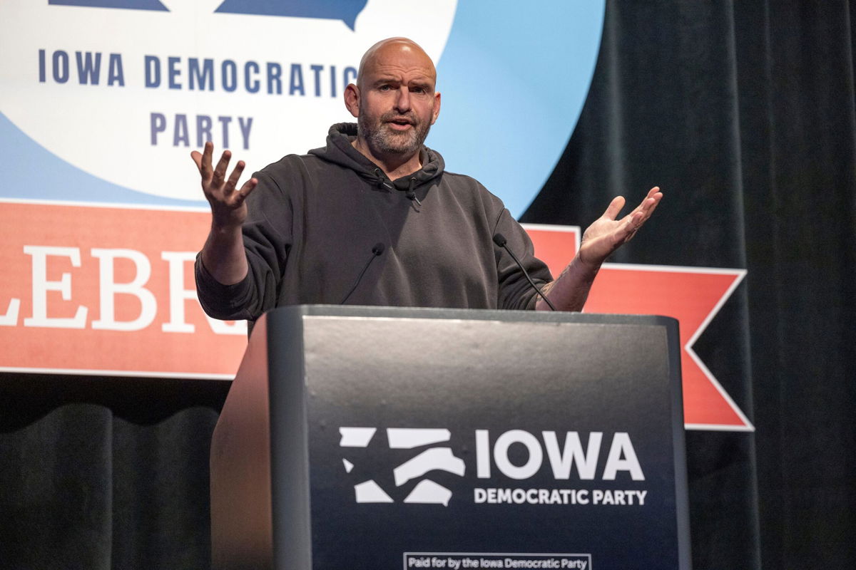 <i>Rachel Mummey/The Des Moines Register/USA Today Network</i><br/>Pennsylvania Sen. John Fetterman speaks at the Iowa Democrats Liberty and Justice Celebration on November 4.