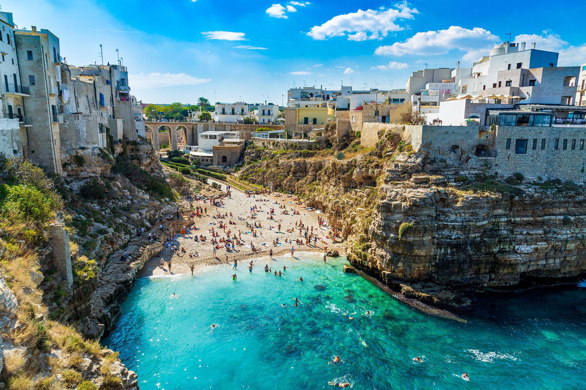 <i>Michal Ludwiczak/iStockphoto/Getty Images/iStockphoto</i><br/>The Lama Monachile Cala Porto beach in Polignano a Mare