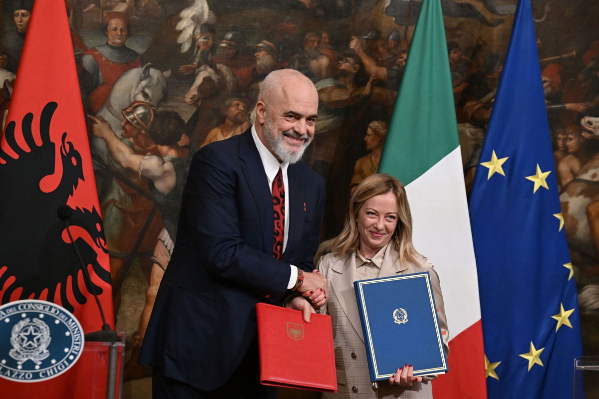 <i>Tiziana Fabi/AFP/Getty Images</i><br/>Italy's Prime Minister Giorgia Meloni and her Albanian counterpart Edi Rama signed the agreement in Rome