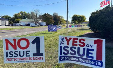 Signs for and against the Ohio abortion-related ballot measure are seen in front of the Greene County Board of Elections in Xenia on October 11.