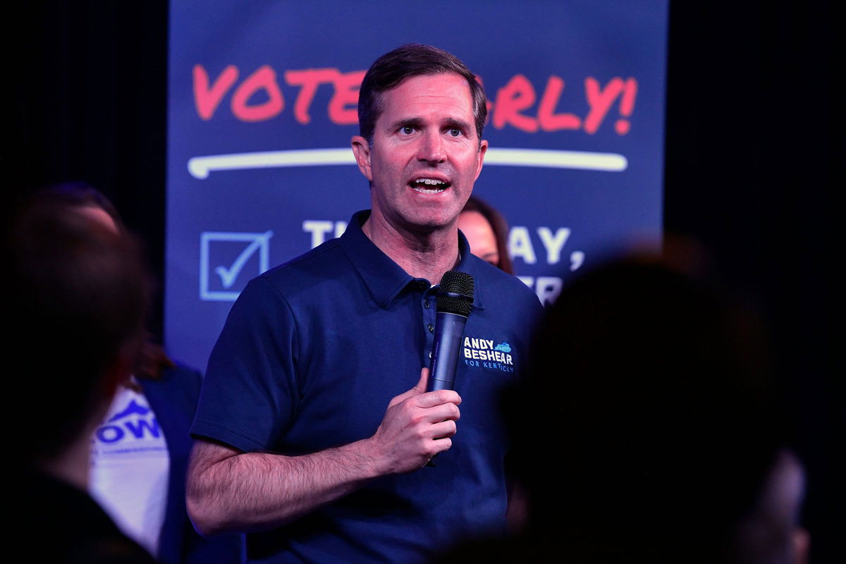 <i>Timothy D. Easley/Special to the Courier-Journal/USA Today Network</i><br/>Kentucky Gov. Andy Beshear speaks at a campaign rally in Louisville on November 1. Beshear will win reelection to a second term in Kentucky