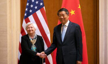 US Treasury Secretary Janet Yellen (L) shakes hands with Chinese Vice Premier He Lifeng during a meeting at the Diaoyutai State Guesthouse in Beijing on July 8.