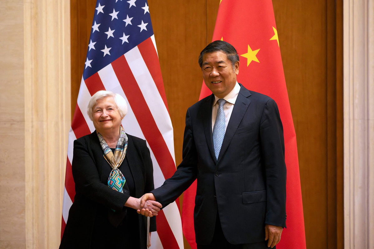 <i>Mark Schiefelbein/Pool/AFP/Getty Images</i><br/>US Treasury Secretary Janet Yellen (L) shakes hands with Chinese Vice Premier He Lifeng during a meeting at the Diaoyutai State Guesthouse in Beijing on July 8.